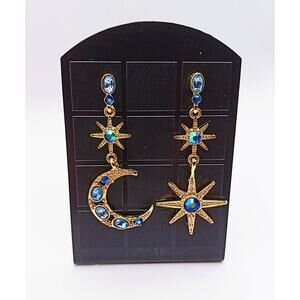 Gold Moon Star Dangle Earrings Blue Glass Celestial 2"